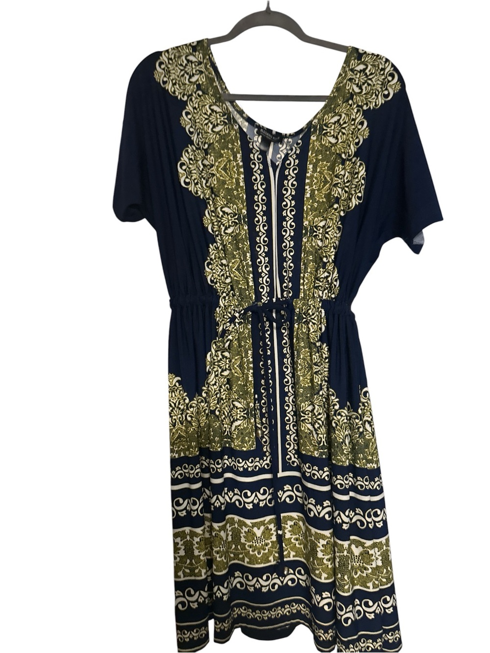 Blooming rose Navy and Olive Patterned Midi Dress with Drawstring Waistt 1-2x